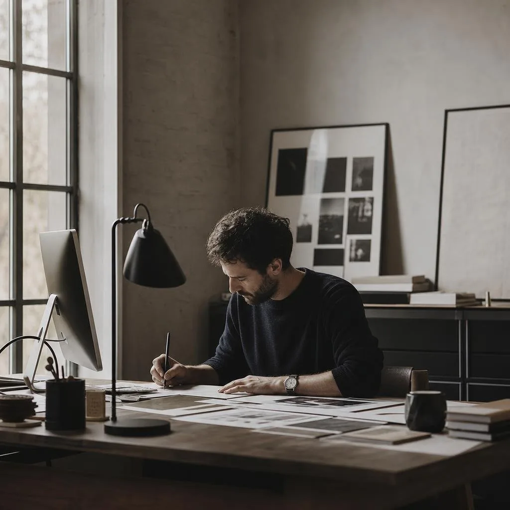 Studio desk with monochrome print work laid out